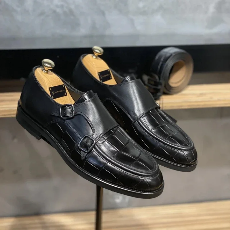 Black Men Formal Shoes Brown Loafers Slip-On Round Toe Business Double Buckle Monk Shoes for Men with