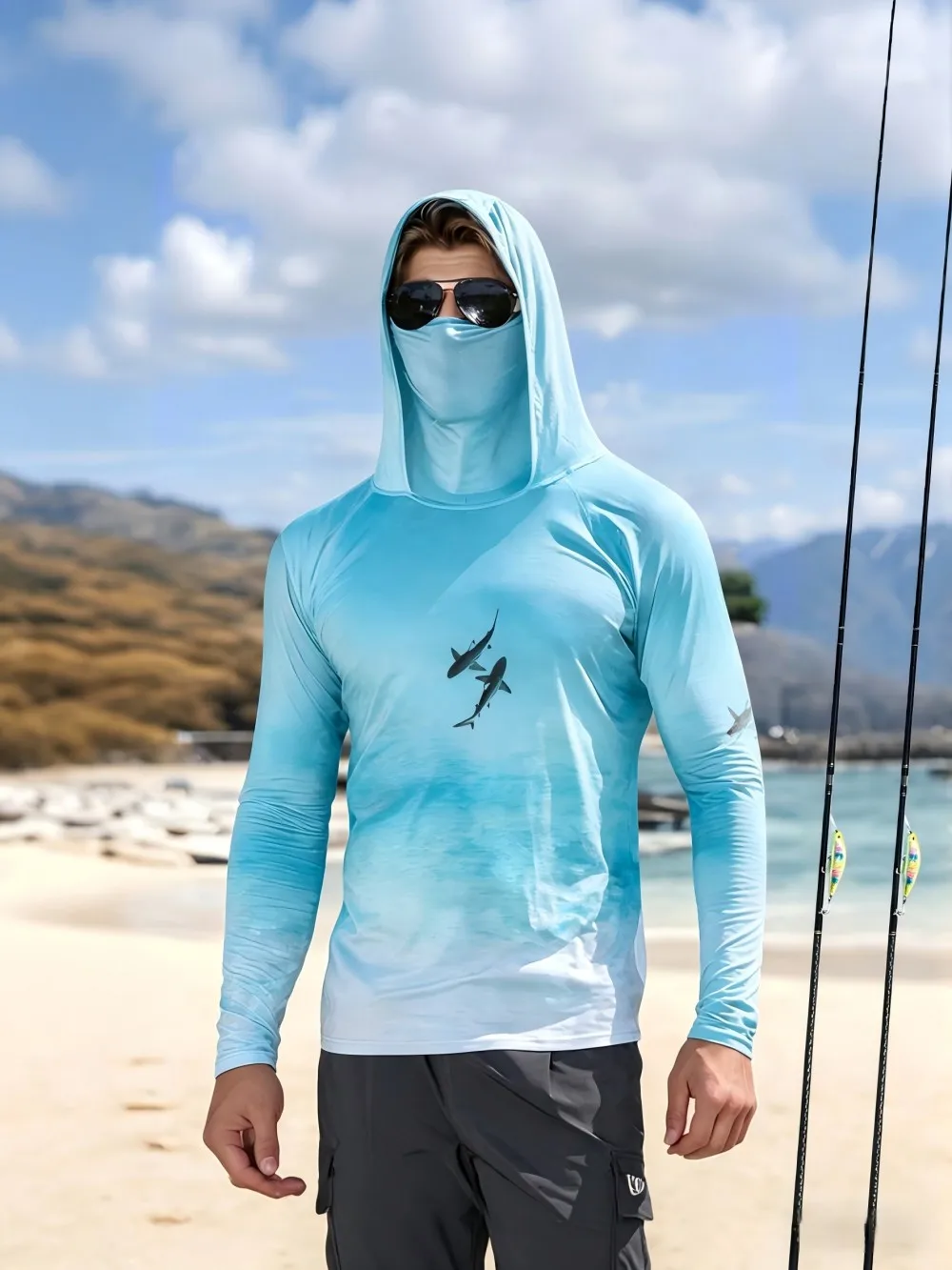 American Men's Summer Personalized Sea Shark Gradient Print Soft Breathable Fishing Suit Long Sleeved T-Shirt Outdoor Casual Top image 4