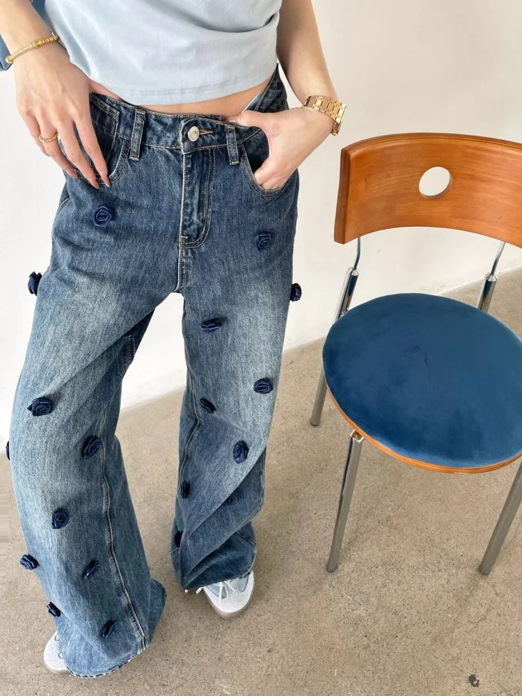 新作ファッションデザイン 立体ローズフラワー装飾ジーンズ レディース ハイウエストストレートパンツ