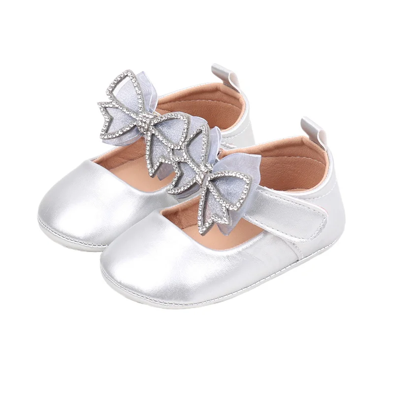 Cathery sepatu bayi perempuan Mary Jane flat lucu Rhinestones busur tambal sulam gaun sepatu Non-Slip sepatu boks bayi baru lahir sepatu kulit anak