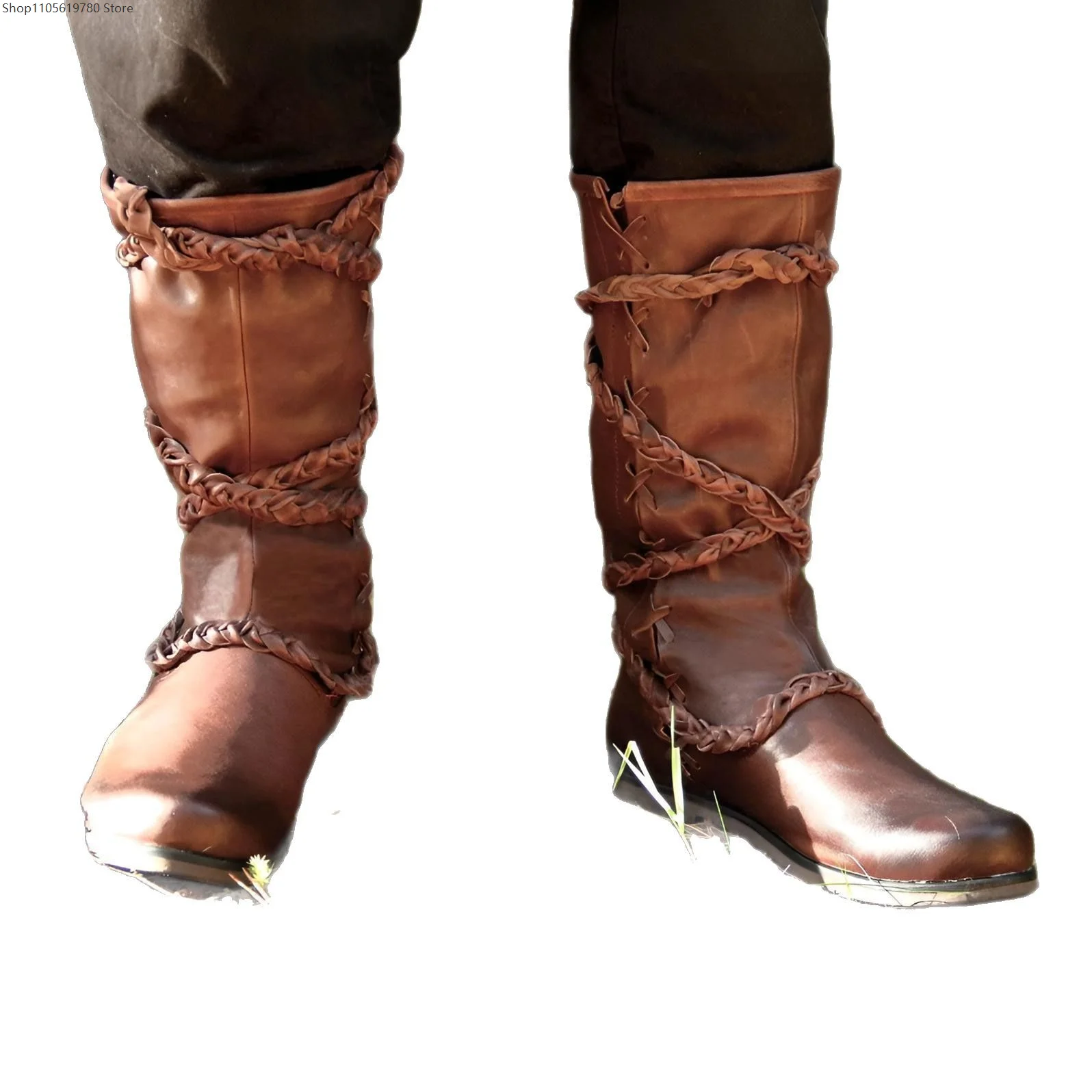Men's Brown Leather Knee-High Boots Braided Lace-Up Design Durable Sole Outdoor Adventure Style Footwear for Casual Nature Looks