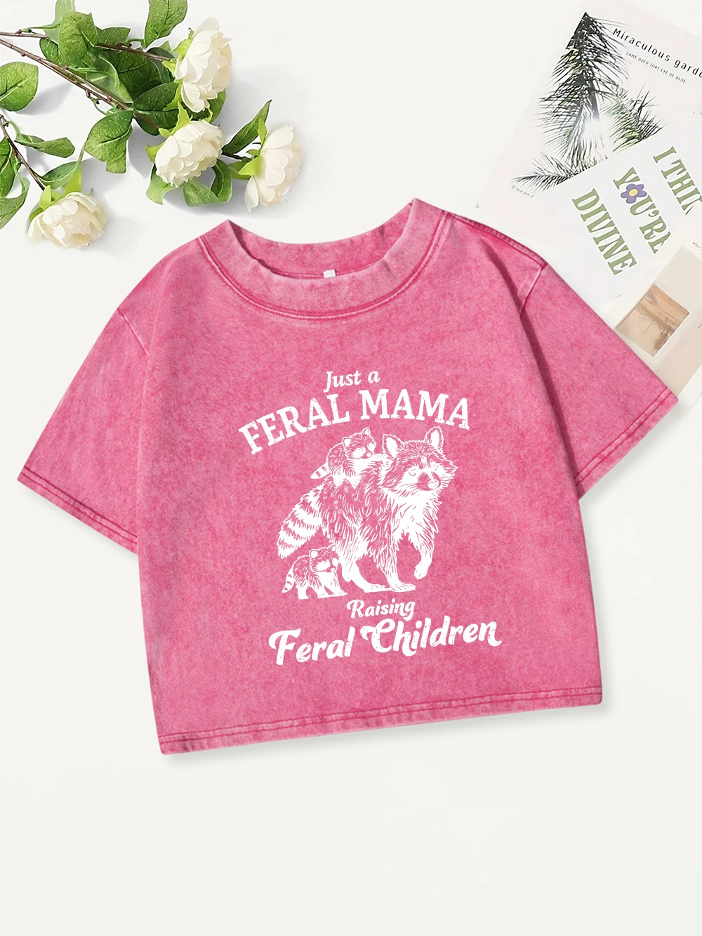 Summer Cotton Crop Tops Women Feral Mama Raising Feral Ehildren Prints Washed T-Shirt Y2K O-Neck Regular Fit Tees Casual Clothes