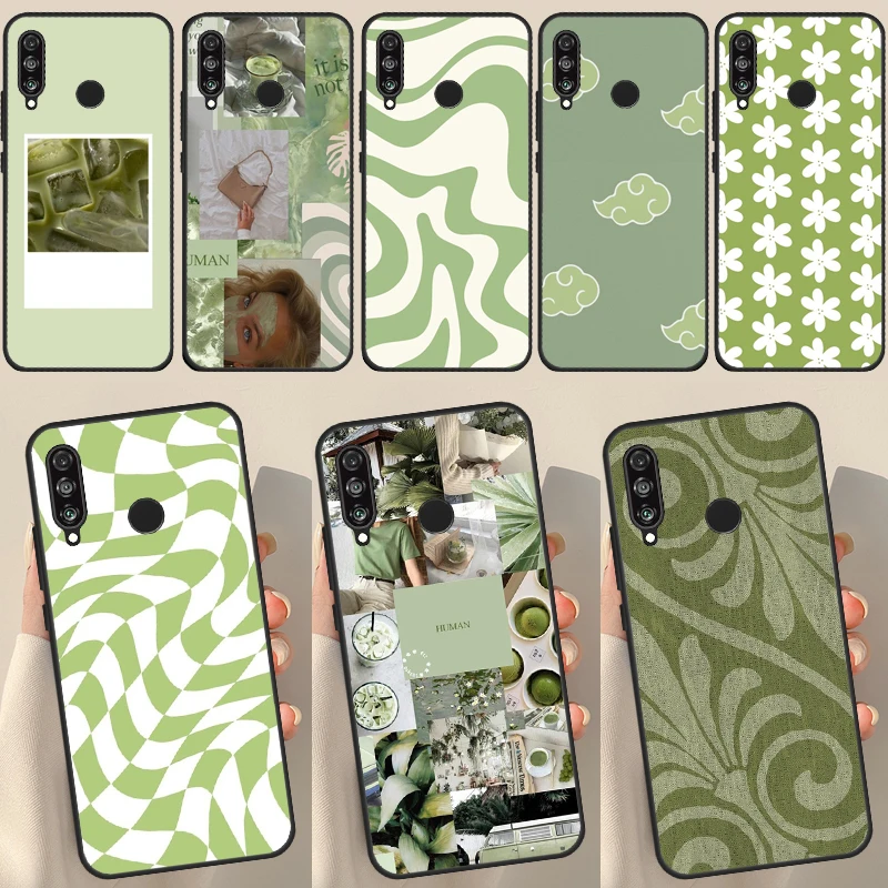 Matcha Sage Green Love Heart Case For Huawei P50 Pro P20 P30 P40 Lite P Smart 2019 Nova 9 5T Cover For Honor 50 8X 9X