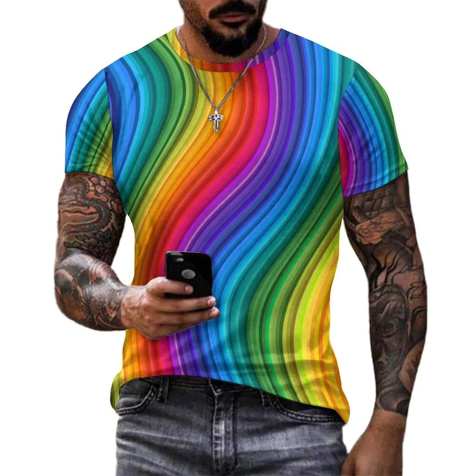 Rainbow Wave T-Shirt For Men Glittering Swirl Graphic O Neck T-Shirts Summer Vintage Clothes Short Sleeve Casual Big Size Tees