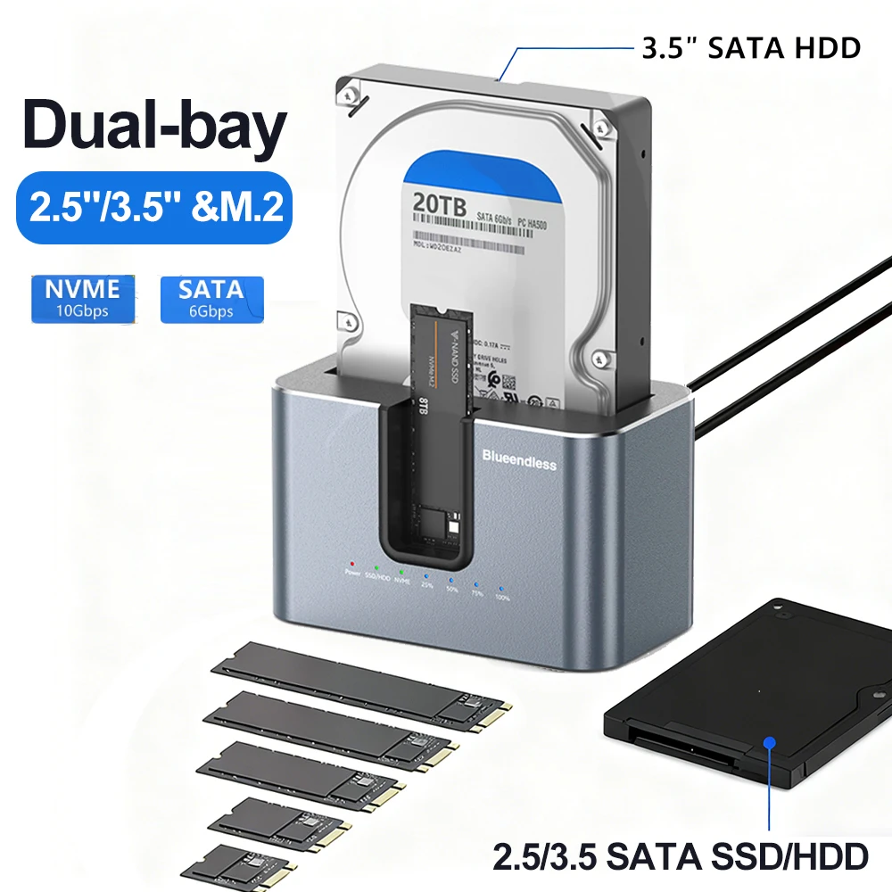

Dual-bay HDD SSD Docking Station 10Gbps M.2 NVMe Enclosure SATA to USB 3.0 Adapter 2.5/3.5" HDD Disk Case Stand Offline Clone