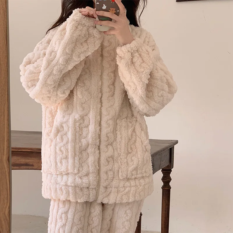 Autumn and Winter Fashion Two Piece Set 2Pcs Jacquard Textured Stand Collar Zip Up Fuzzy Teddy Top & Pants Set for Women