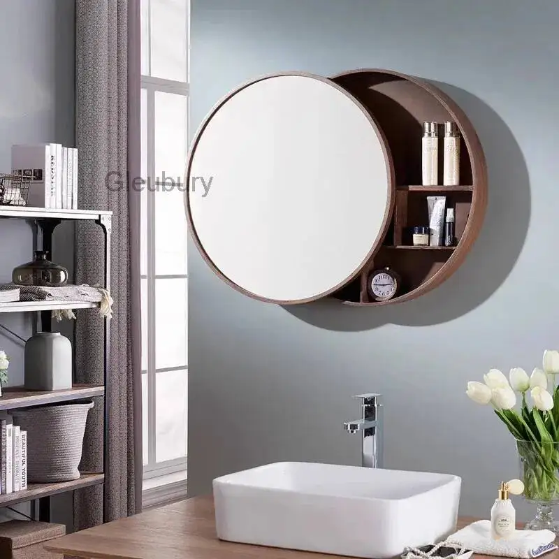 Solid Wood Bathroom Dressing Mirror Decor Cabinet Sliding Door Rest Room Storage Wall-hung Type Round Decorative Mirror Home