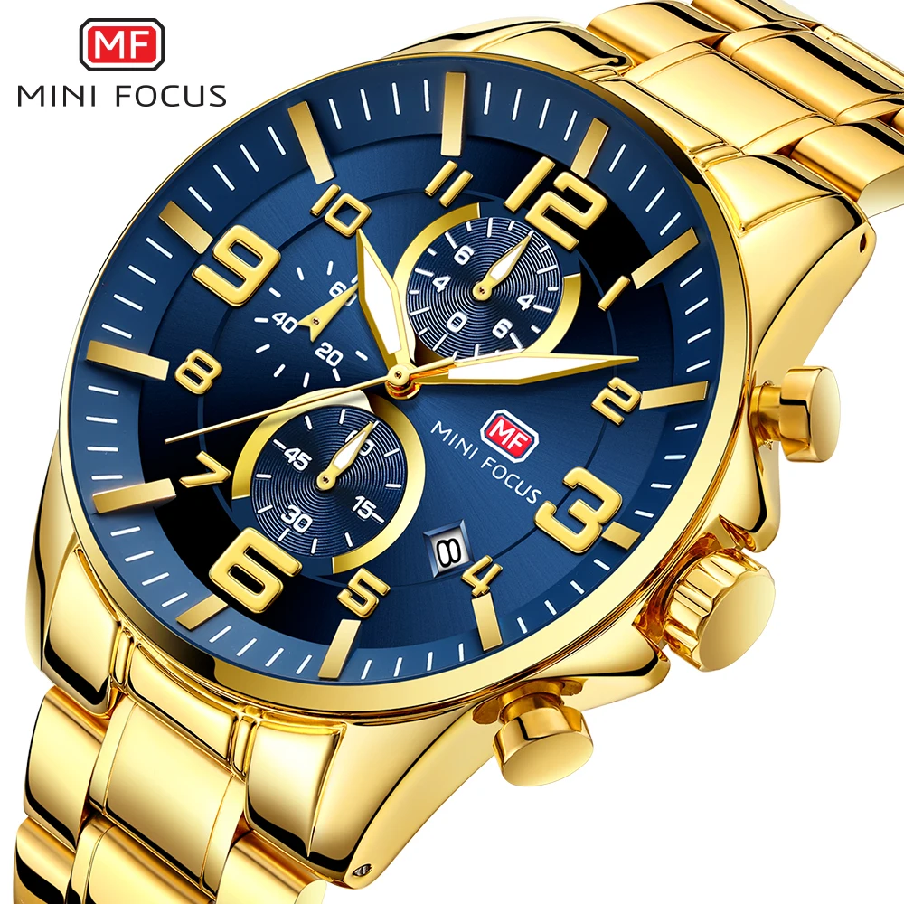 MINI FOCUS Gold Quartz Waterproof Watches for Men Chronograph Multifunction Dial Top Brand Stainless Steel Strap Luxury Watch