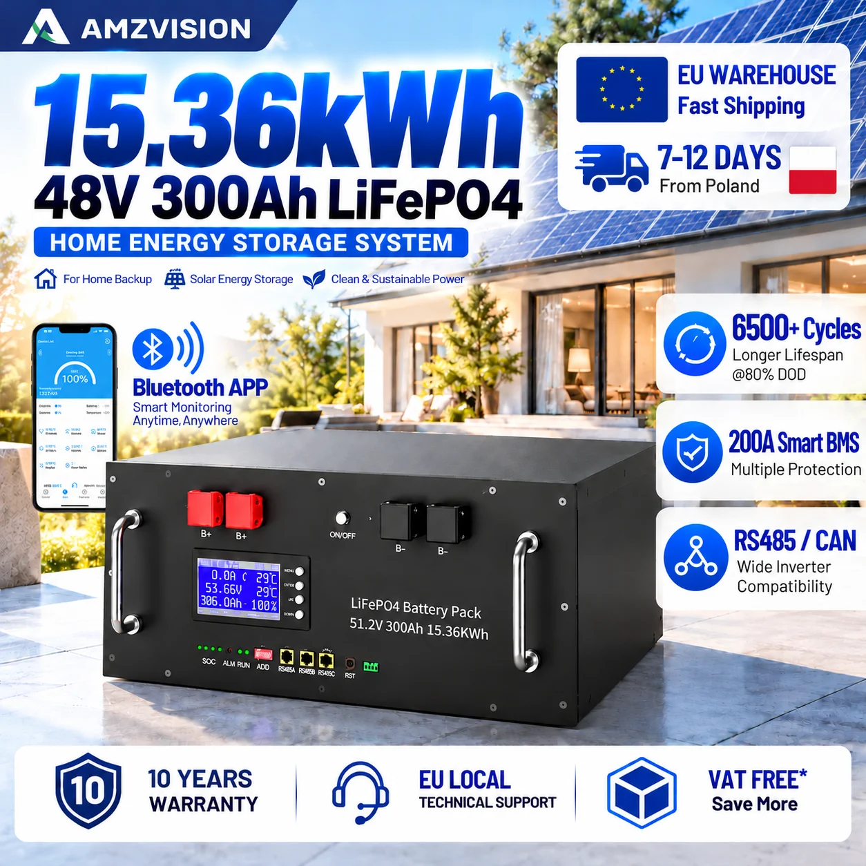 48V 300Ah LiFePO4-Batterie 15kWh 6500+ Zyklen Bluetooth Aktiver Equalizer 200A RS485 CAN BMS PC-Monitor 51,2V 100Ah 120Ah 150Ah 200Ah Lithium-Batterie für Heim-Solarwechselrichter Energiespeicher PL