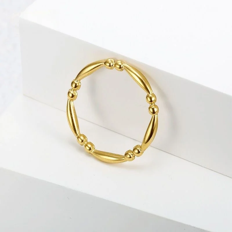 1 Piece of New Chinese-Style Minimalist Ring with Small Round Beads and Bamboo Design, 18K Gold-Colored Stainless Steel, Symbolizing Continuous Progress, Versatile and Elegant, Suitable for Women's Daily Wear, Gift for Girlfriend, Gift for Her