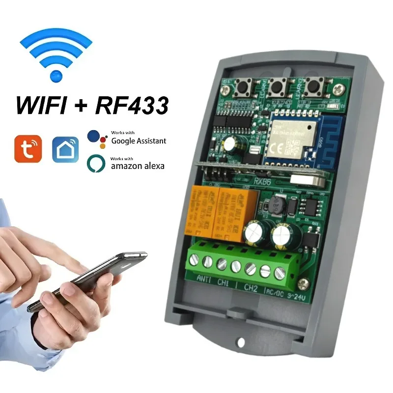 Tuya Universal Smart Wifi Receiver 2CH AC DC12V 24V Garage Door Remote Control Opener Controller Rolling Code 433Mhz Transmitter