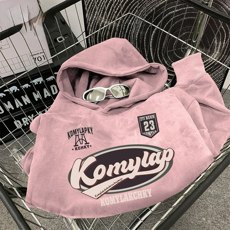 Jersey con capucha para hombre y mujer, sudadera de terciopelo de piel de ciervo rosa pesado American Tide College, Tops para parejas de alta calidad para otoño e invierno