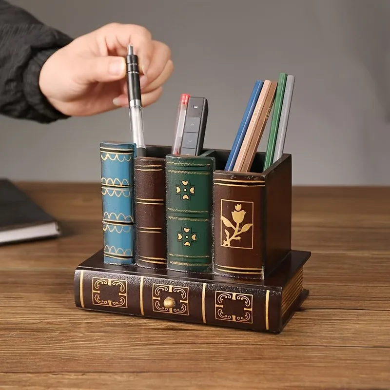 

Vintage Wood Book-Shaped Pen Holder - Multifunctional Retro Desktop Organizer & Decoration for Office & Home