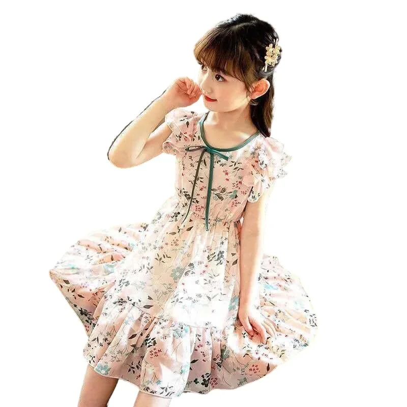 Summer Dress Girls Student Fashion Baby Party Princess Prom Tie-up Chiffon Dresses 2 3 4 5 6 7 8 9 10 12 Years Old Kids Clothes