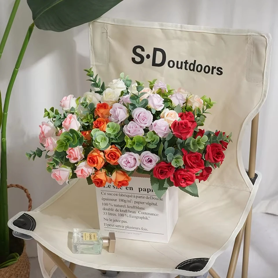 

10 шт. искусственные цветы шелковые розы букет настольная ваза домашний декор комнаты открытый сад листья эвкалипта искусственное растение свадебный венок