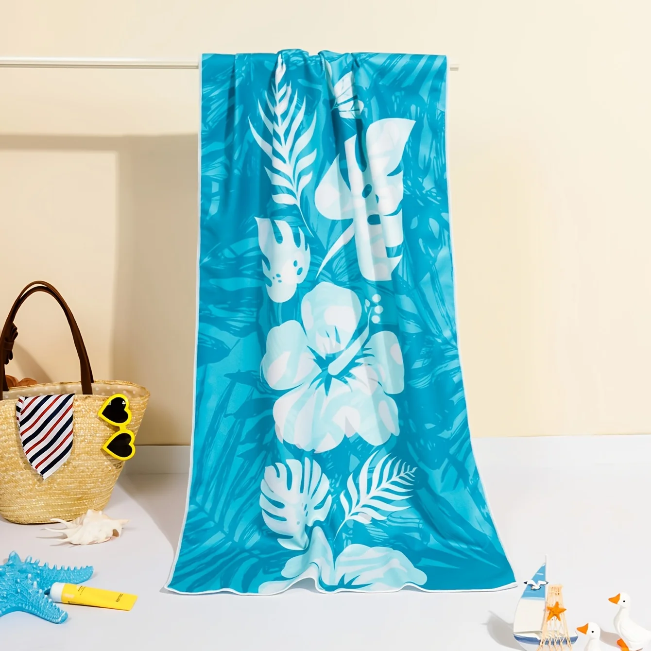 Microfiber Beach Towel - Blue Leaves Print, Soft & Quick Drying, High Absorption