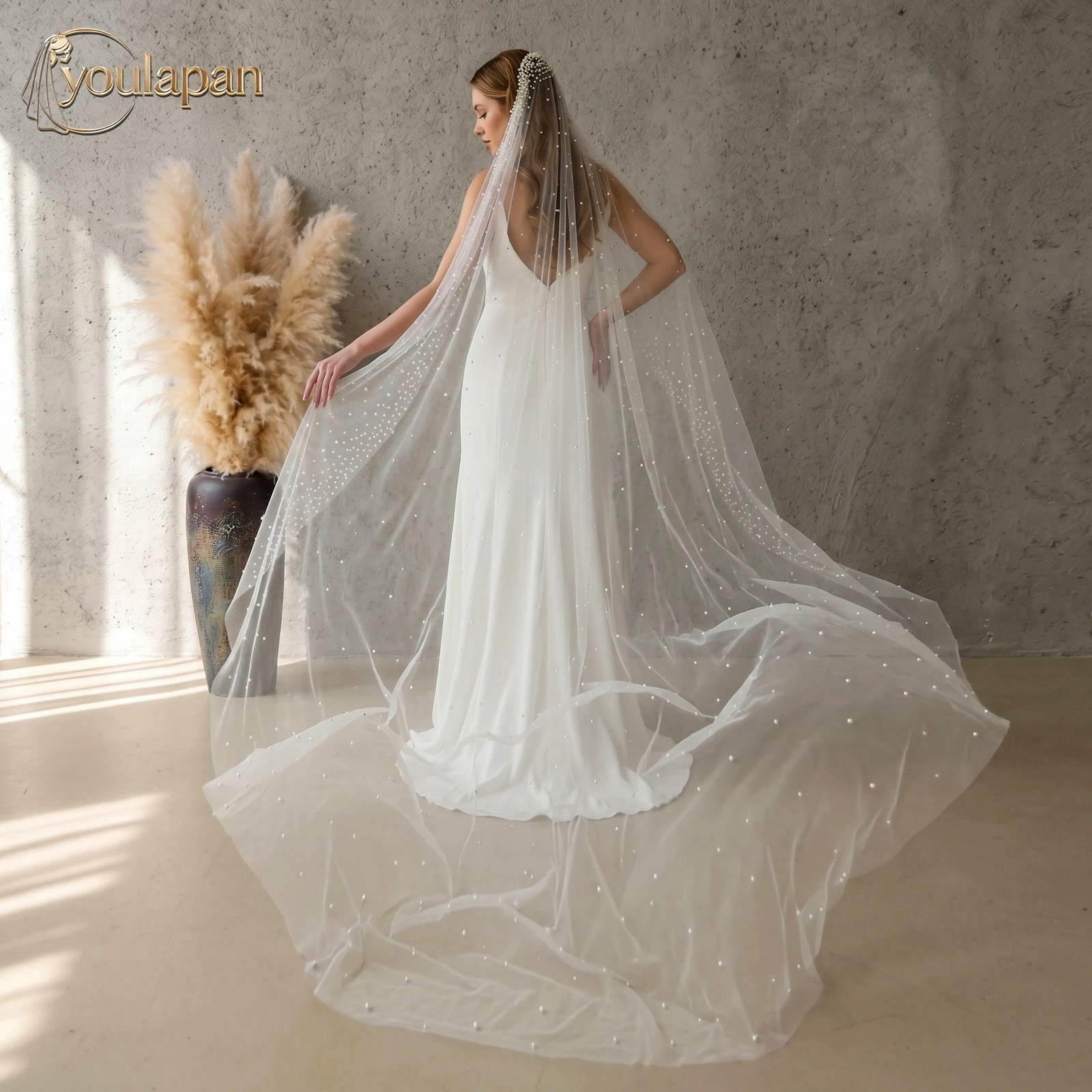 TOPQUEEN Bridal Veil Pearl Beaded Wedding Veil 1 Layer Velo De