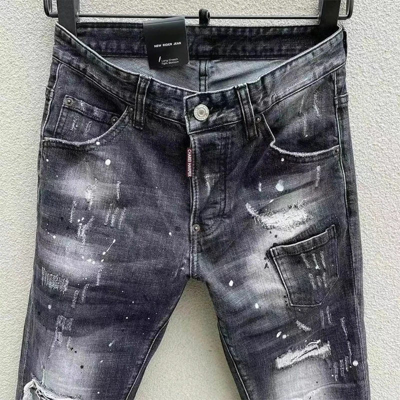 100 chareiharper 089 Men's skinny Skinny jeans Ripped Fabric Non-stretch Paint Splash vintage blue jeans