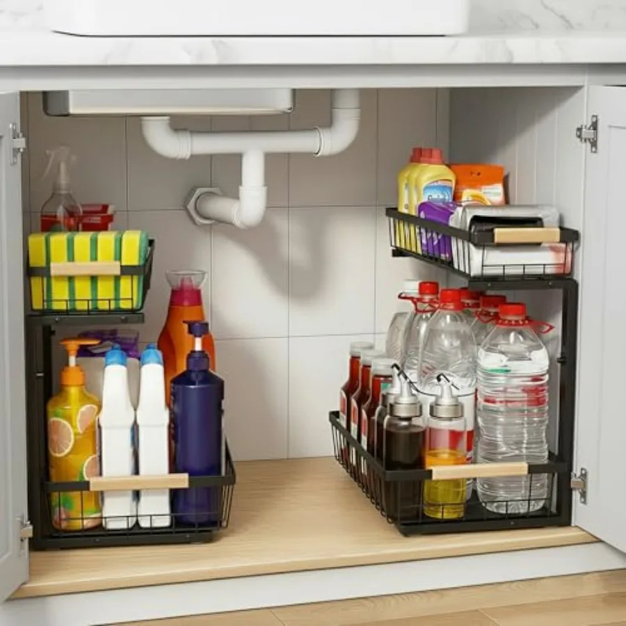 

Under Sink Organizer, 2 Tier Pull Out Cabinet Organizers and Storage for Kitchen Bathroom Pantry Laundry, Adjustable Height, Sl