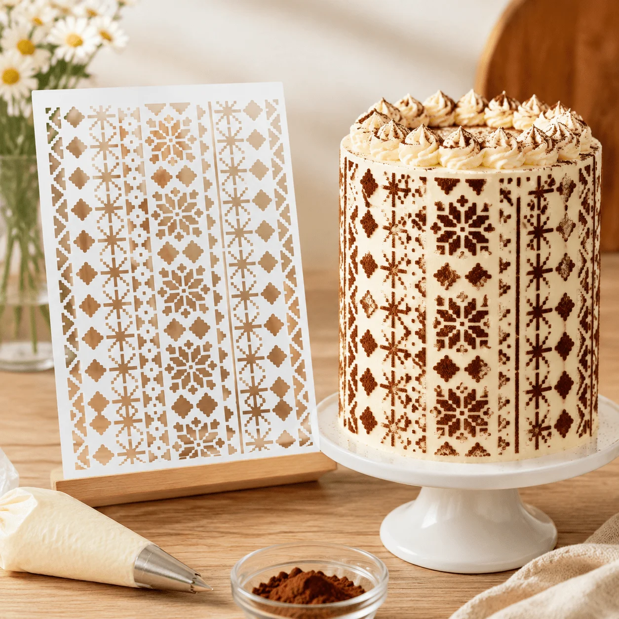 Snowflake Geometric Border Cake Side Stencil, Food‑Grade PET Reusable Hollow‑Out Template Xmas Baking Decor Tool
