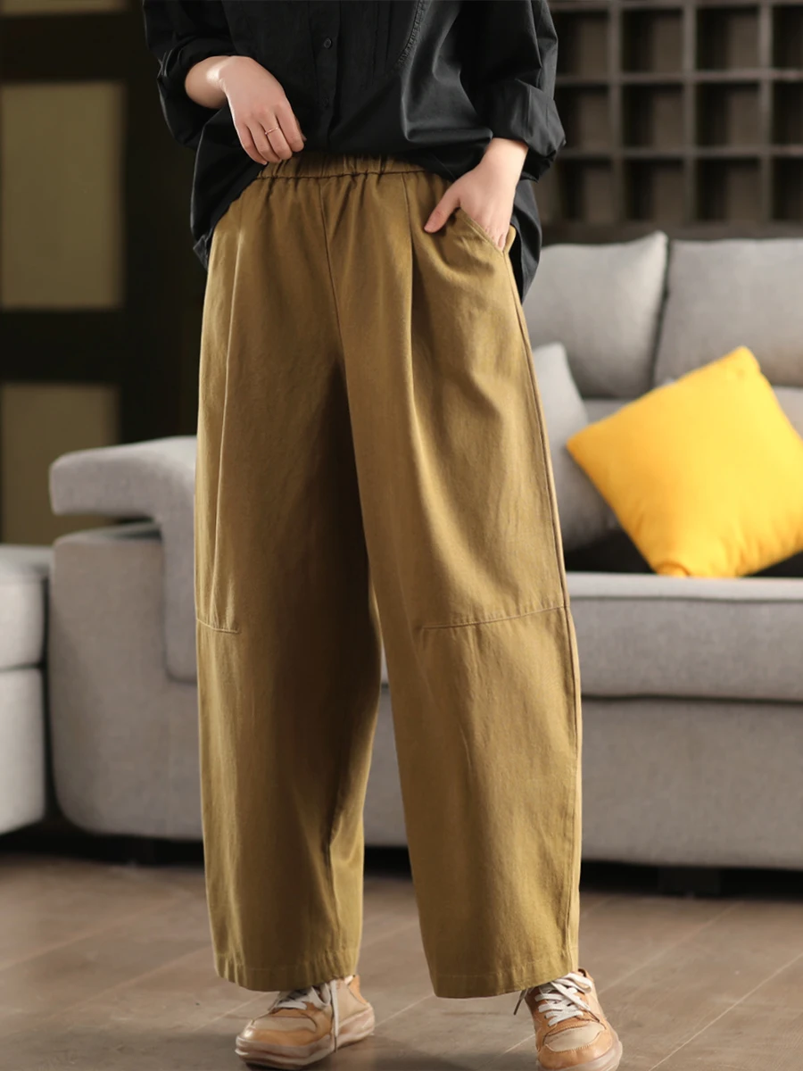 

High Densi 00% Cotton Elastic Waist Loose Women's Casual Pants Harlan Pants Long Pants Spring Sle Comfortable Straight Leg