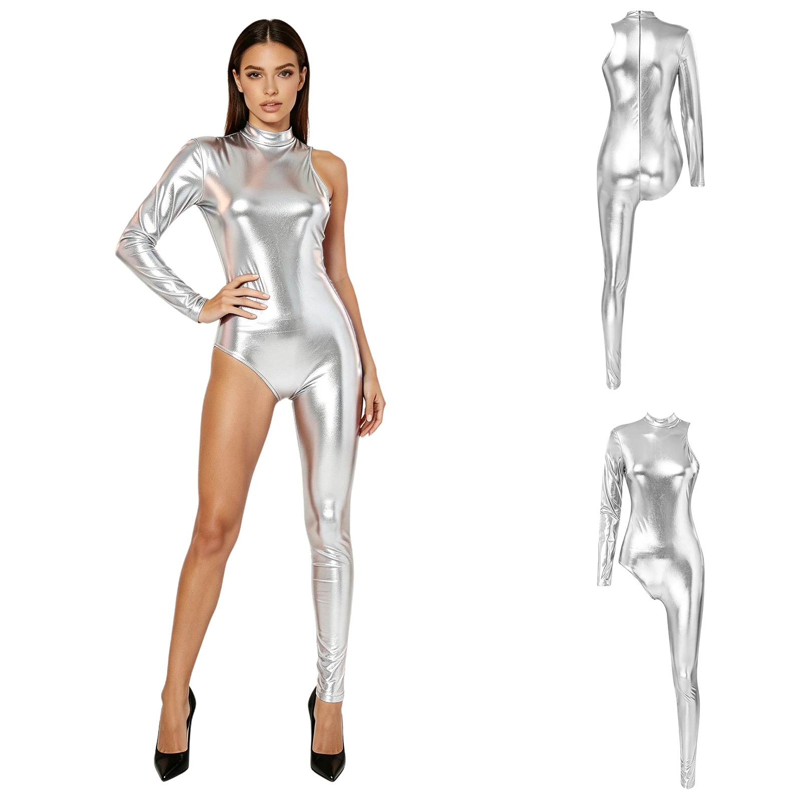 Womens Asymmetrical Metallic Jumpsuit Single Long Sleeve Shiny Bodysuit Romper for Nightclub Party Night Out Dancing Performance