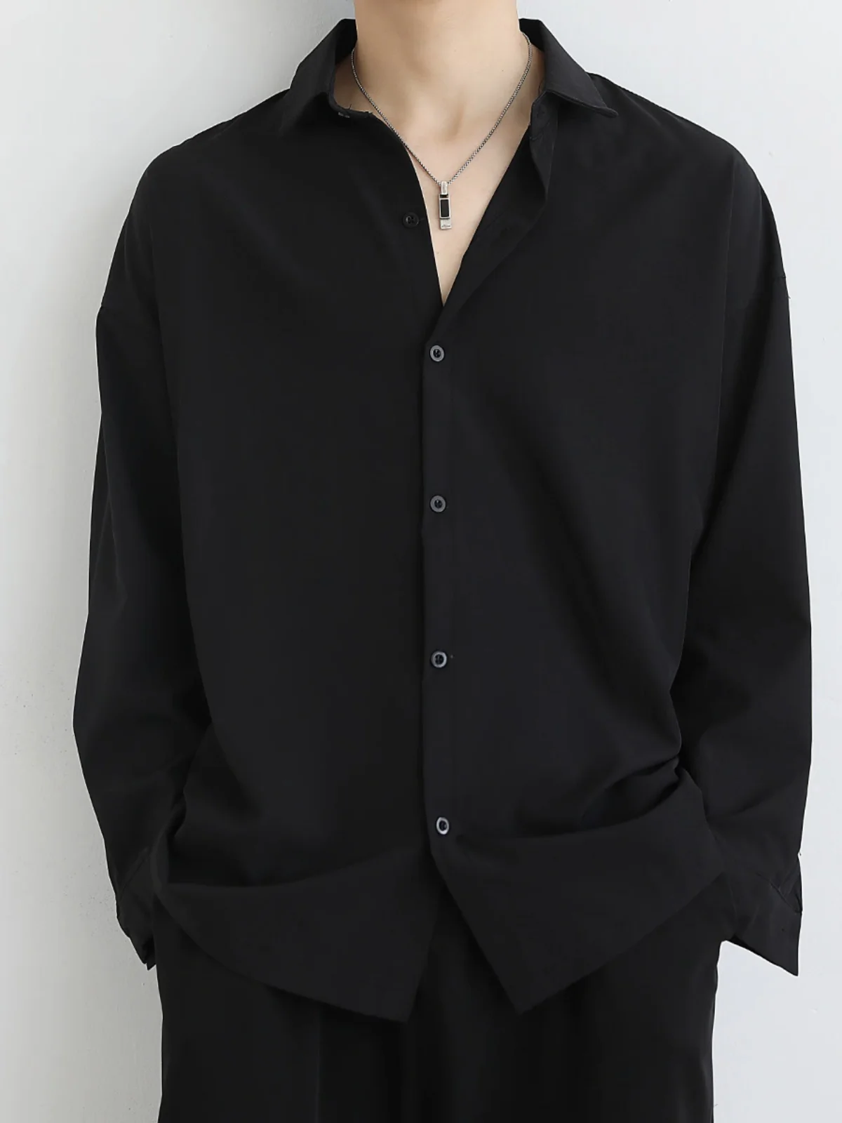 

Black Casual Long Sleeve Men's Shirt Inner Wear White Shirt Spring Autumn Trendy High-End Feeling Handsome Top Men's Jacket