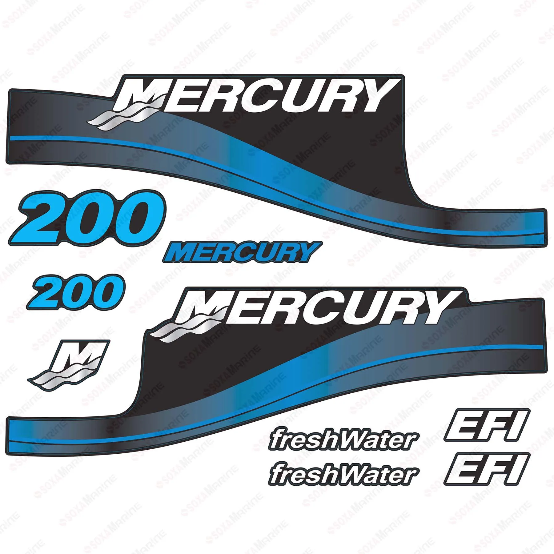 Blue Decal Kit Sticker Set for Mercury 200 hp EFI FreshWater Outboard Engine Reproduction 200HP FreshWater EFI