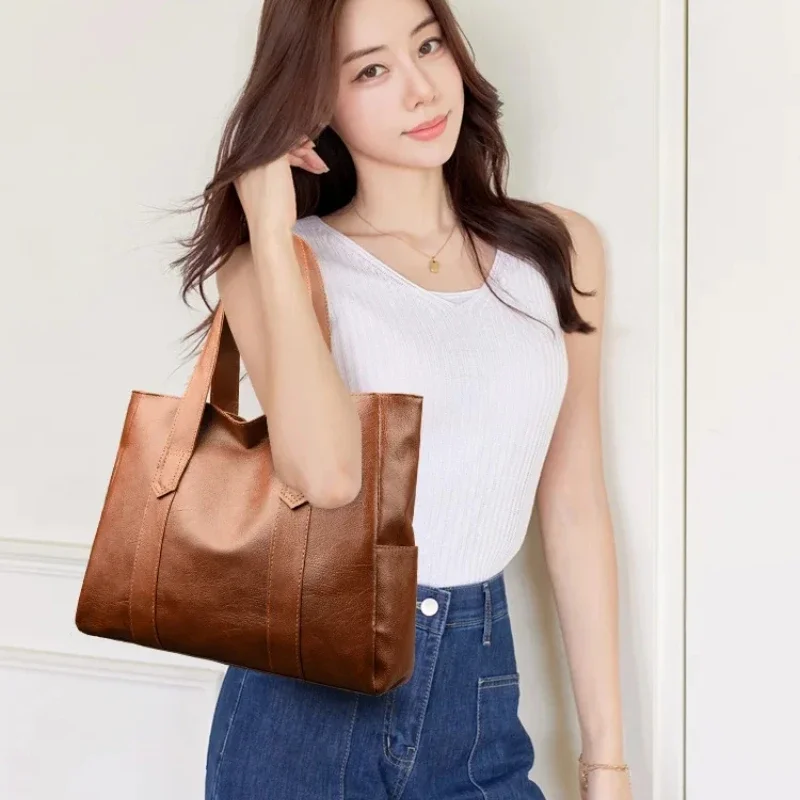 Light Luxury Minimalist Large Capacity Women\'s Bag 2024 Soft Leather Material Solid Color Women\'s Shoulder Bag Commuting Handbag