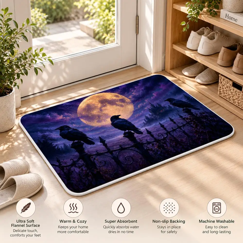 Cool Purple Cemetery Crow Bat Floor Mat Flannel Rug Soft Non Slip Door Mat For Bathroom Bedroom Kitchen Living Room Home Decor