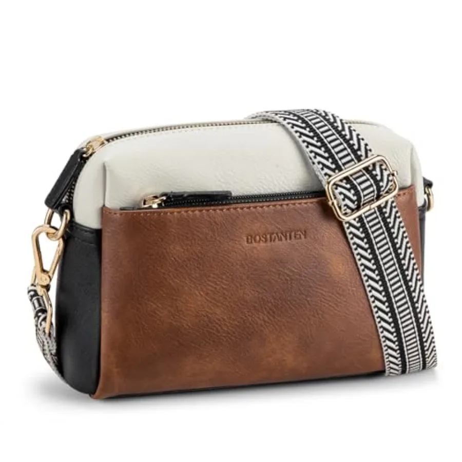 

BOSTANTEN Crossbody Purse for Women Triple Zip Cell Phone Leather Handbag with Colored Shoulder Strap