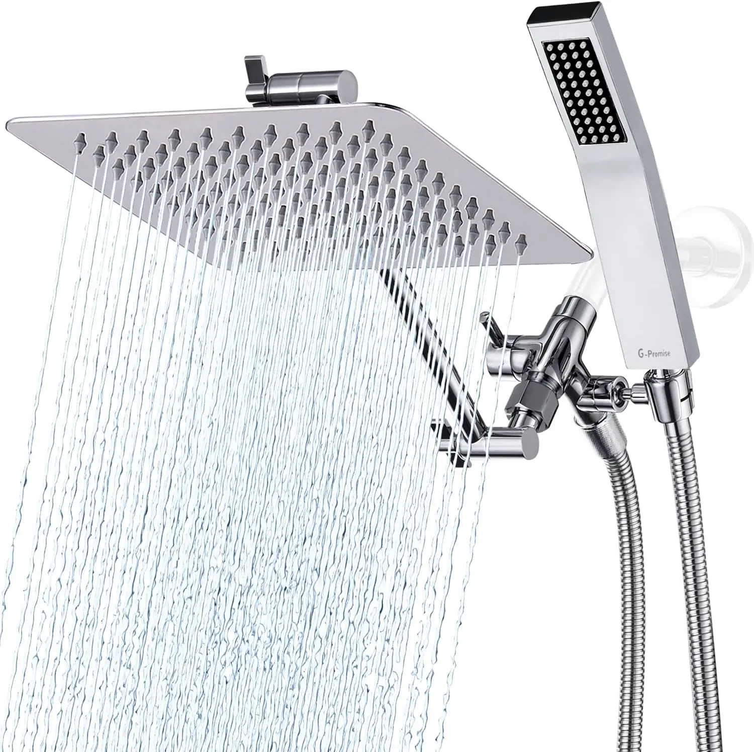 8-Inch Dual Square Shower Head with Handheld Spray, Adjustable Arm and Long Hose for Bathroom Upgrade in Chrome