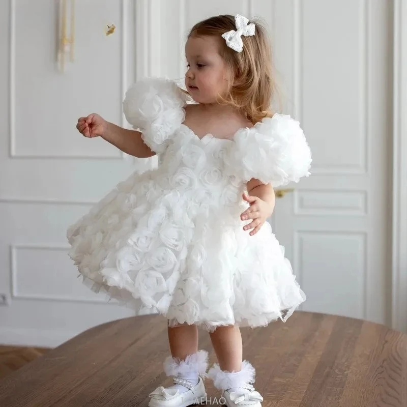 

Новинка 2023 года, белое платье принцессы с объемными рукавами для девочек, детское платье с цветочным узором для дня рождения, костюм для девочек, детский торжественный наряд, платье