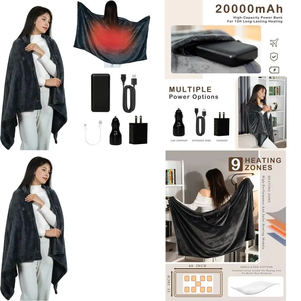 

Portable Cordless Heated Blanket with Hoodie, 3 Temperature Settings, 20000mAh Battery, Ideal for Camping and Car Use