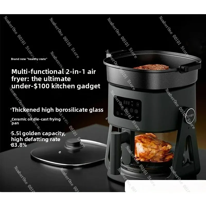 Household Automatic Flip Frying Pan 5.5L, Visual Glass Electric Fryer, Oil-Free Air Fryer Oven for Kitchen