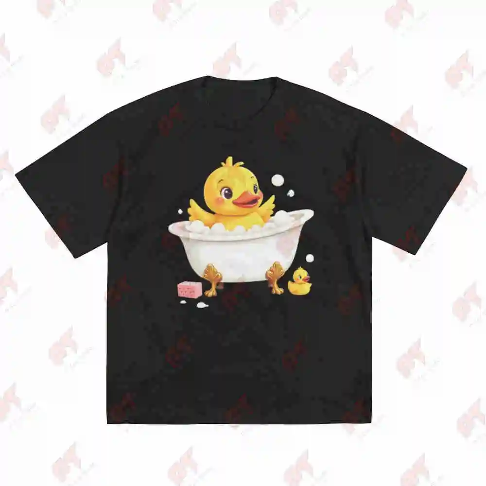 Yellow Duck Bathtub Bubbles Cute Cartoon Short Sleeve Tee 100% Cotton T-Shirt