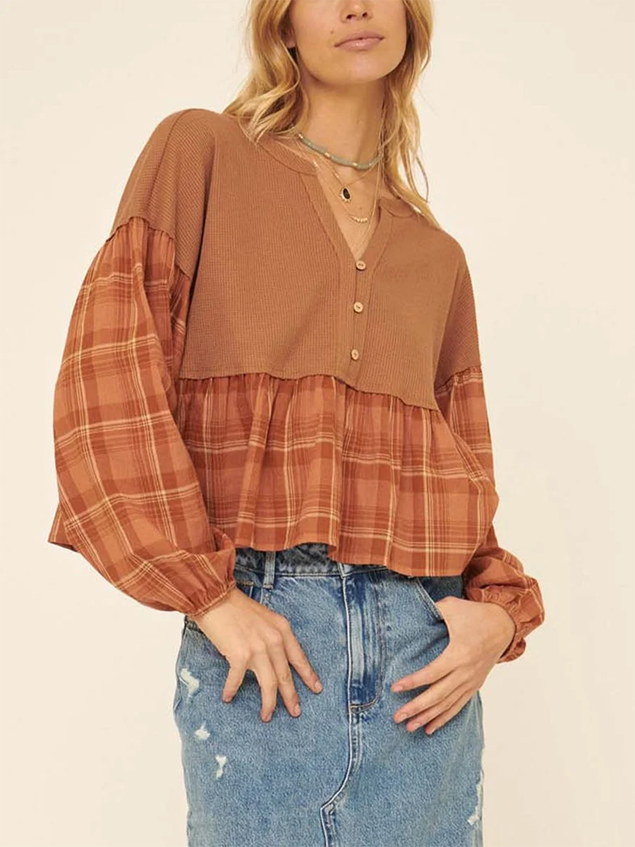 

Autumn Loose Vintage V Neck Peplum Blouse Women Plaid Print Patchwork Lantern Long Sleeve V-Neck Button Pullovers