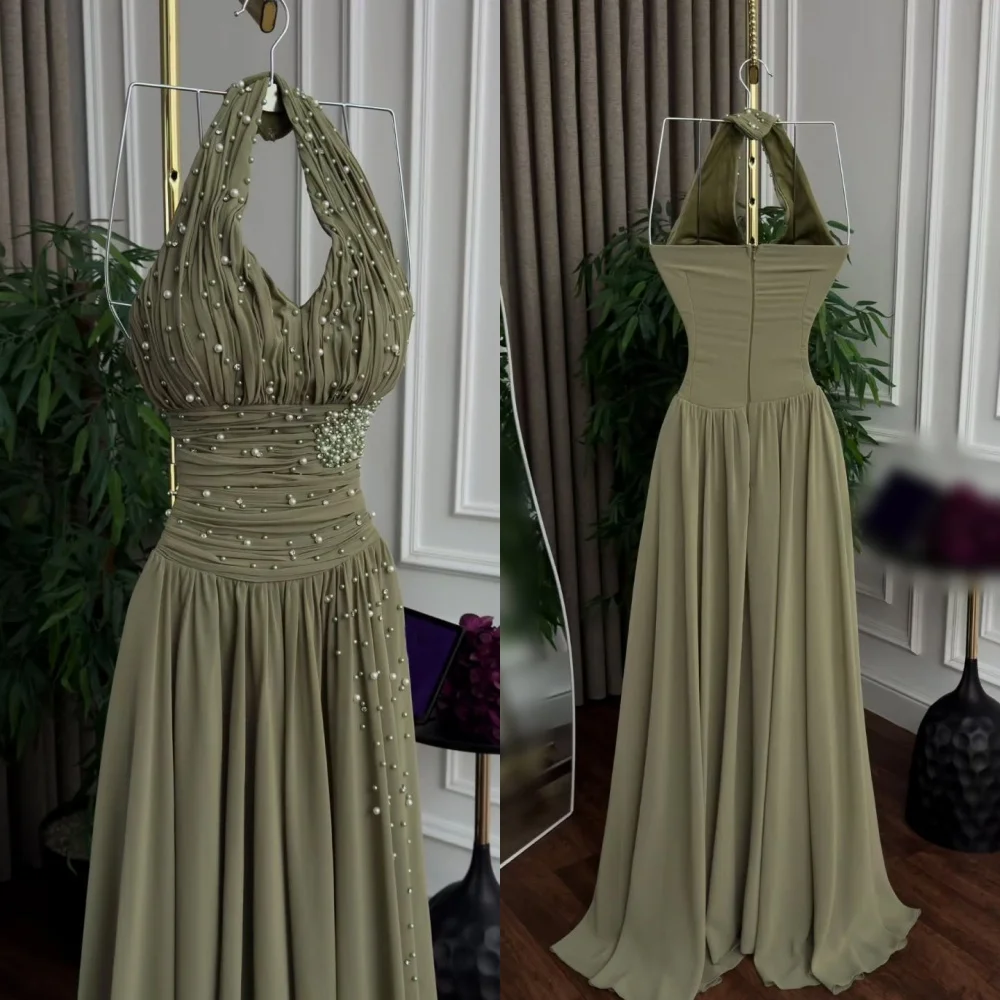 

Customized Pleat Glitter Beading Halter sleeveless Long Dresses Women Evening Dress Bespoke Occasion Elegant Party High Quality