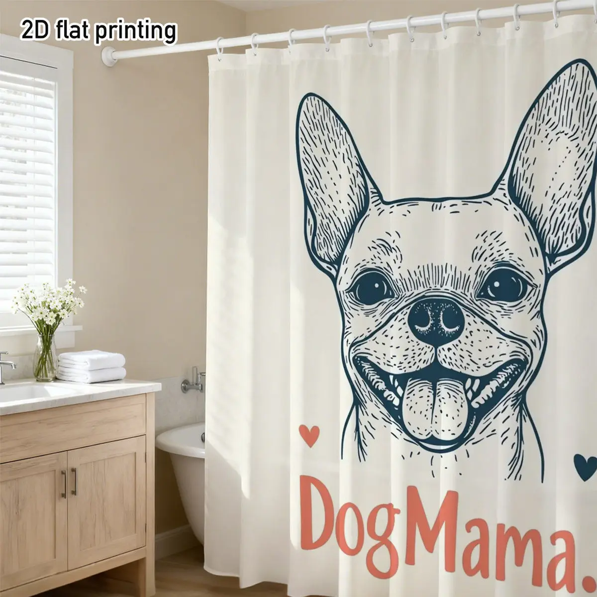 フレンチブルドッグ「ドッグママ」シャワーカーテン-–-笑顔のフレンチブルドッグの顔、コーラルハート、ホワイトベース、ポリエステル、フック12個、防水