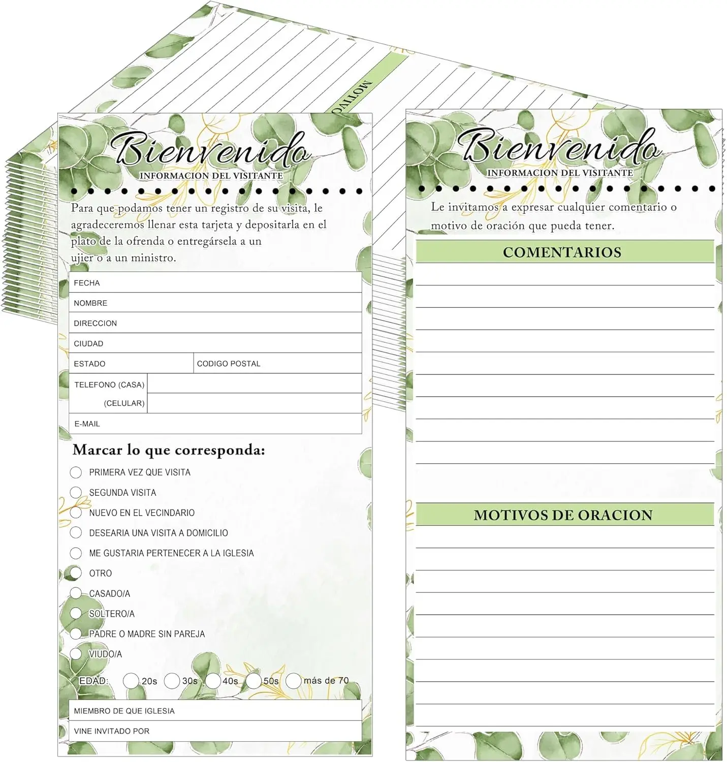 Spanish Church Visitor Cards 20Pcs Greenery Church Welcome Postcard Spanish Guest Card 3.5x7.5 Inch