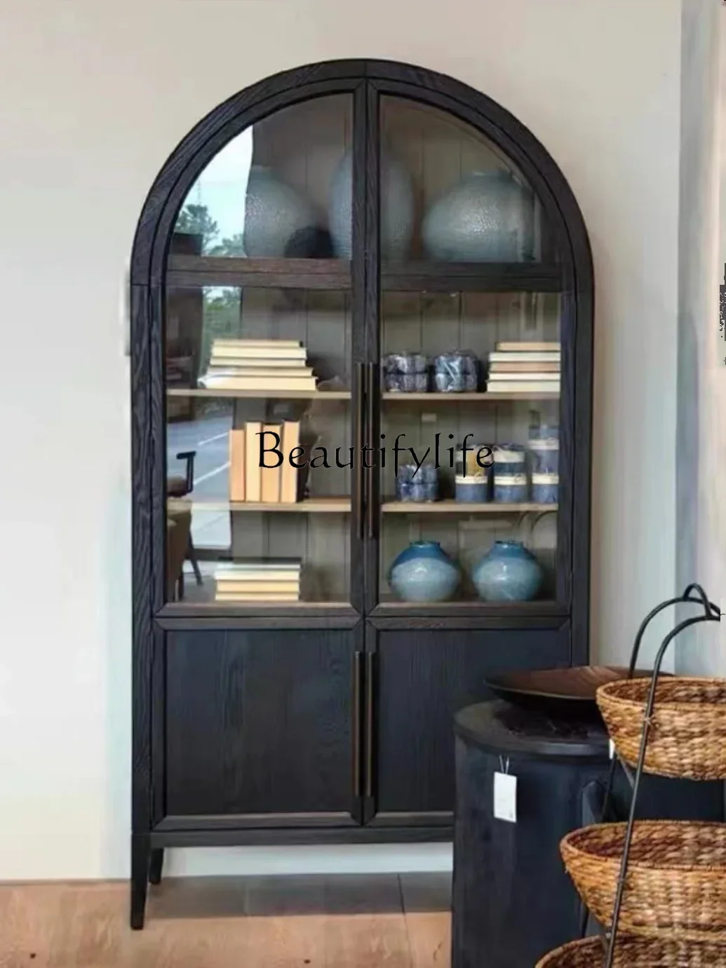 

S American-Style Solid Wood Bookcase Vintage Black Arched Glass Door Bookshelf
