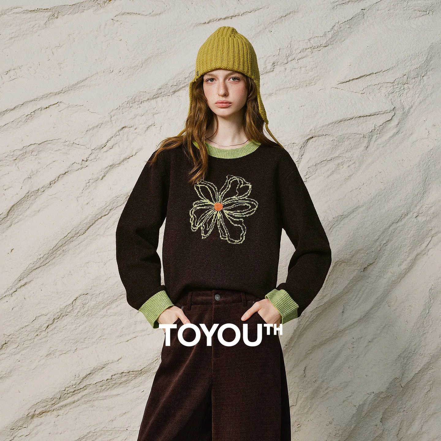 TOYOUTH Women Sweater 2026 Winter New Floral Jacquard Color Block Crew Neck Loose Casual Knit Top