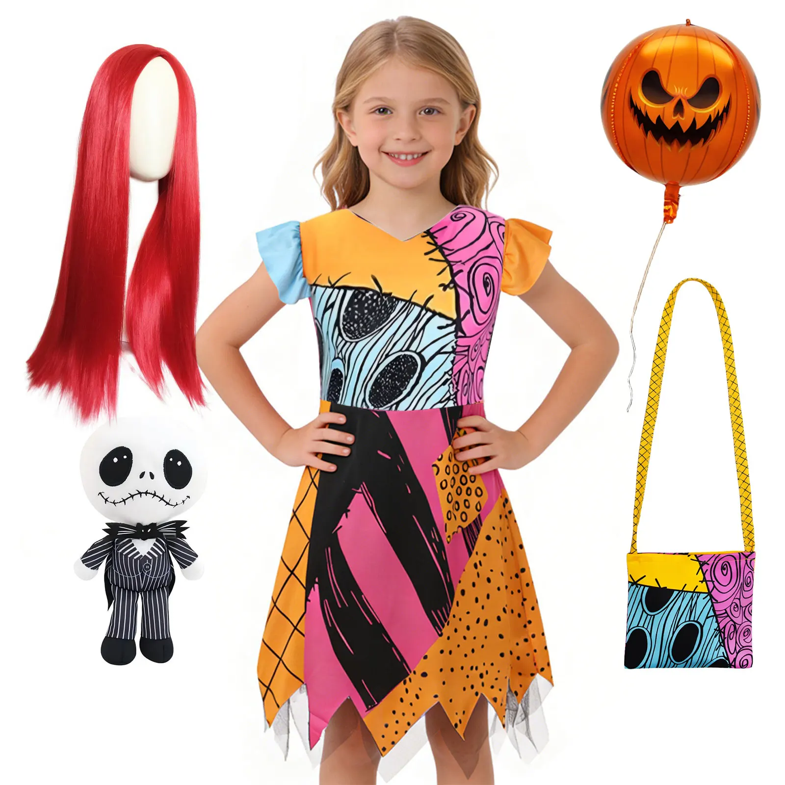 Vestido de diseño color block para niñas, Día de Todos los Santos 2026, disfraz con mangas con volantes, traje de cosplay de Sally de Pesadilla Antes de Navidad para niños