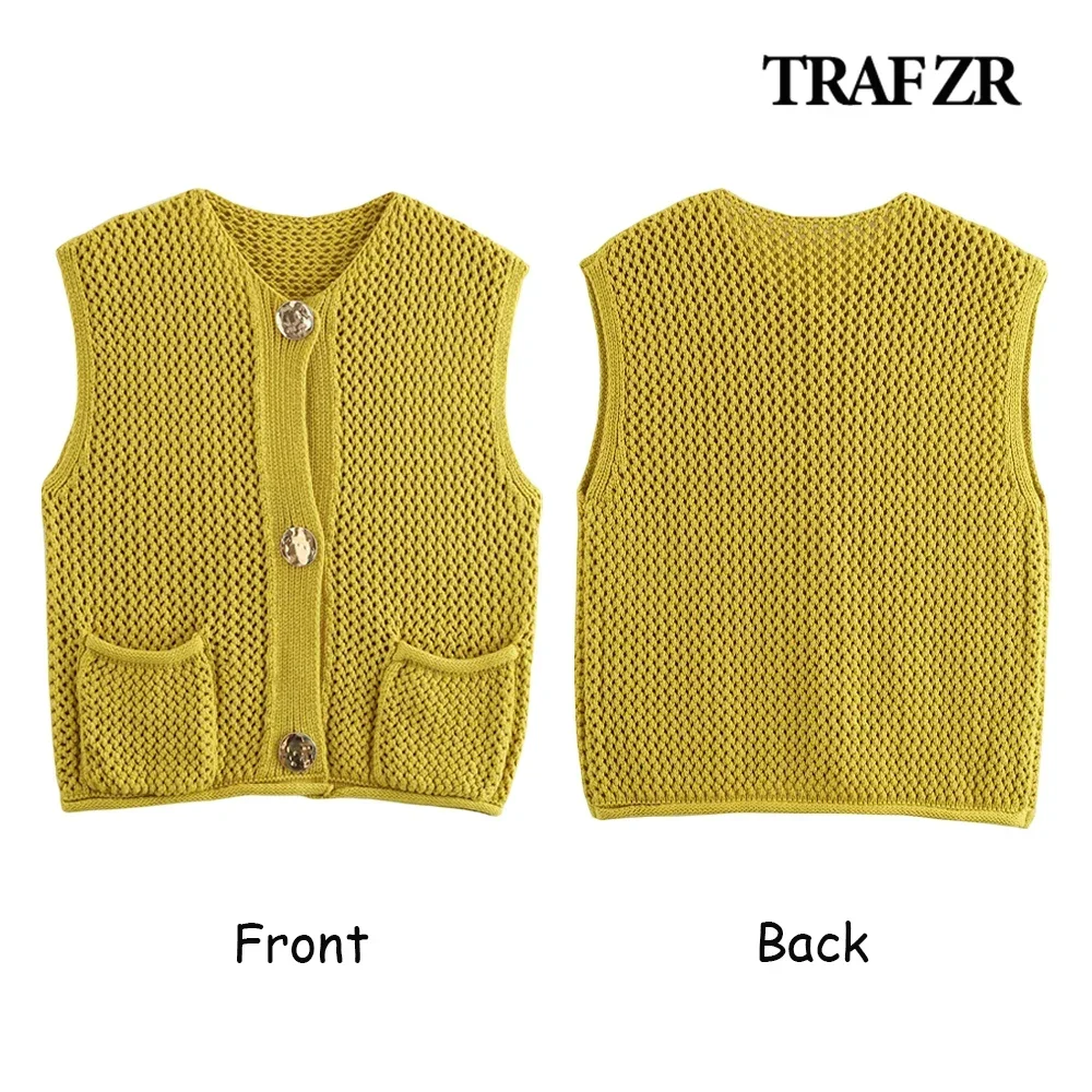 TRAF ZR Elegant Hollow Out Off Shoulder Tanks & Camis Vintage Vest Top Front Gold Buttons Crochet Chuncy Cardigan Y2k Tank Top