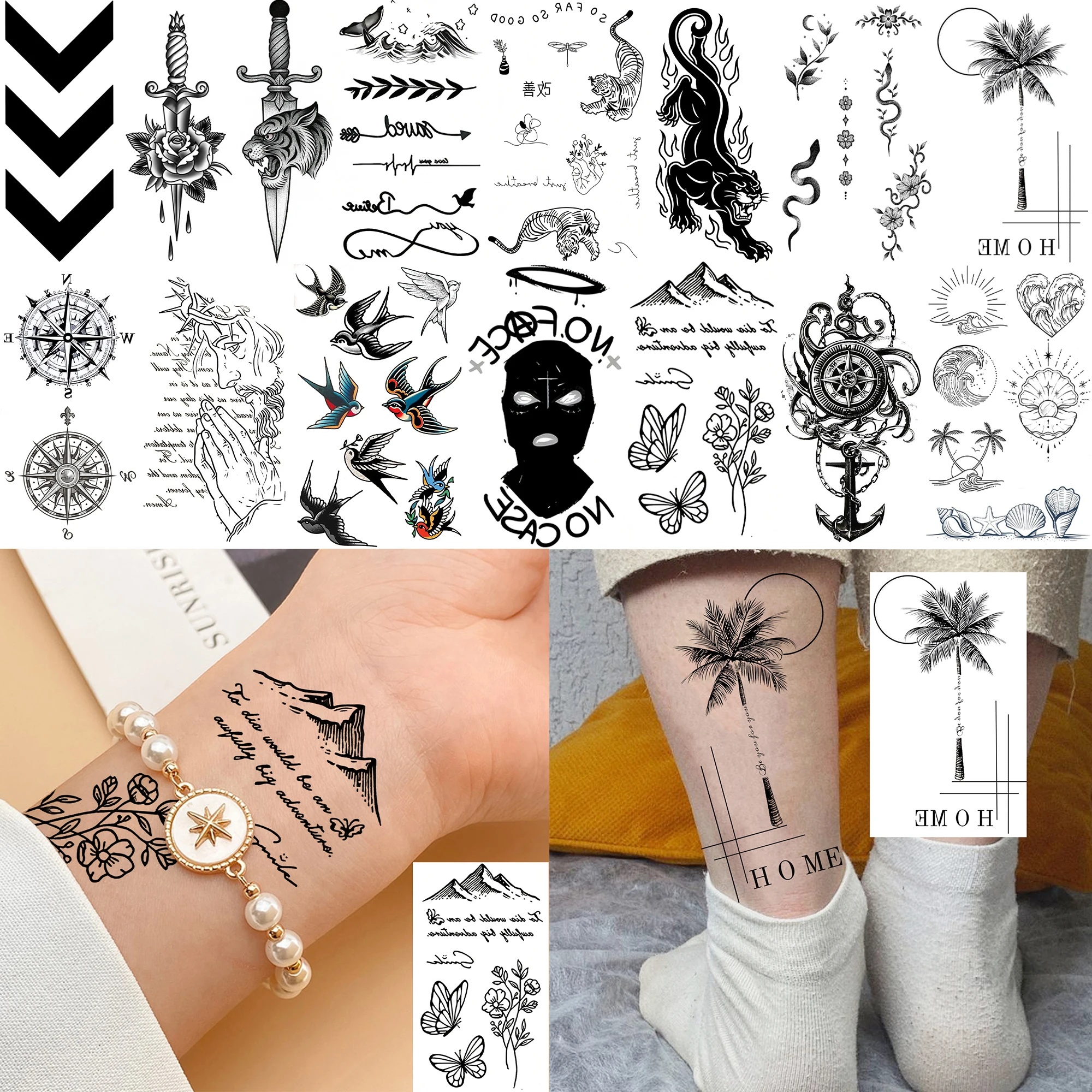 1 feuille de tatouages temporaires en forme d'épée et de boussole pour adultes, pour la main, la cheville, le bras, le cou, autocollant de tatouage réaliste longue durée