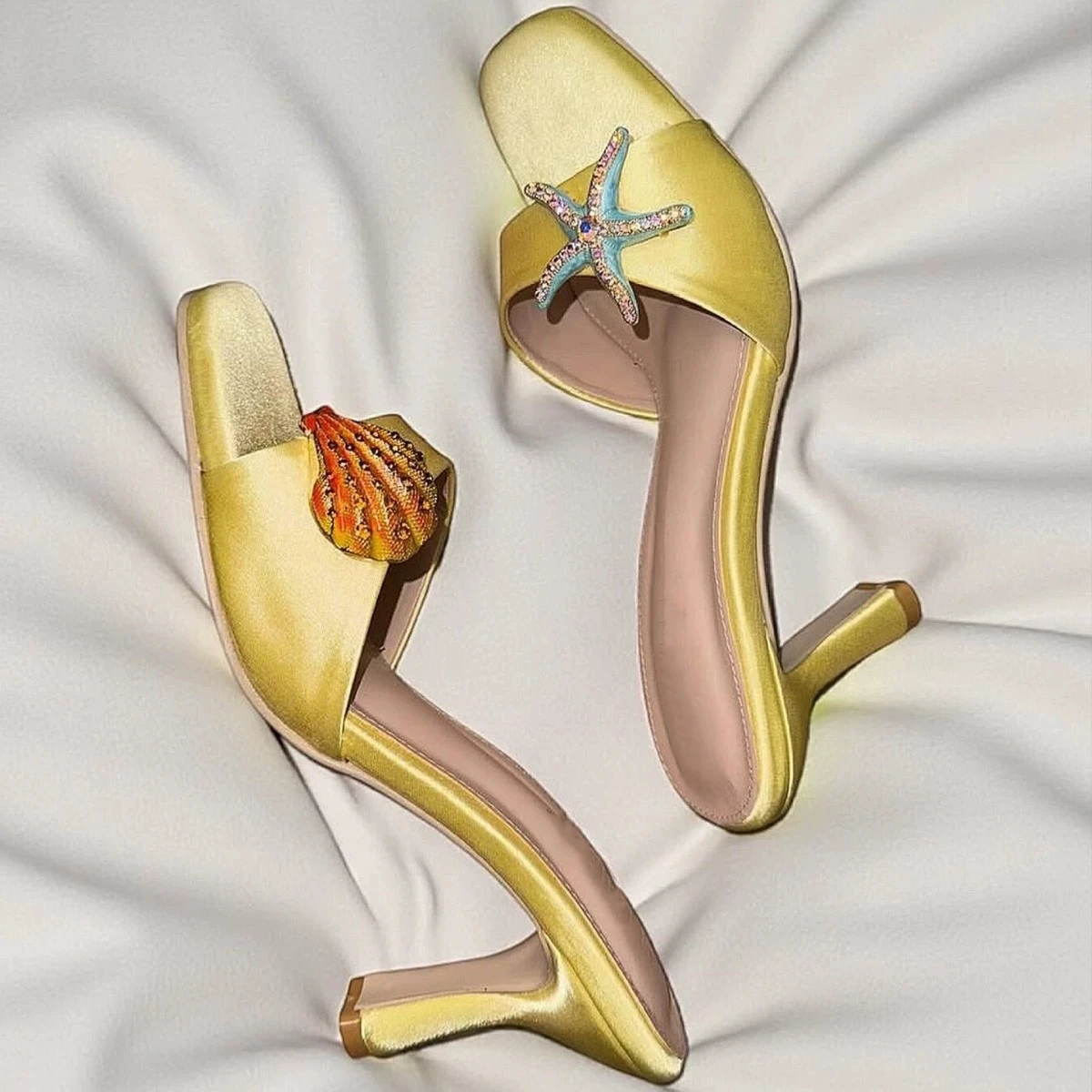 French Rhinestone Beach Slippers Fashion Satin Silk Sea Star Shell Slip-on Sandals Open-toe Chunky Heels Square Head High Heels
