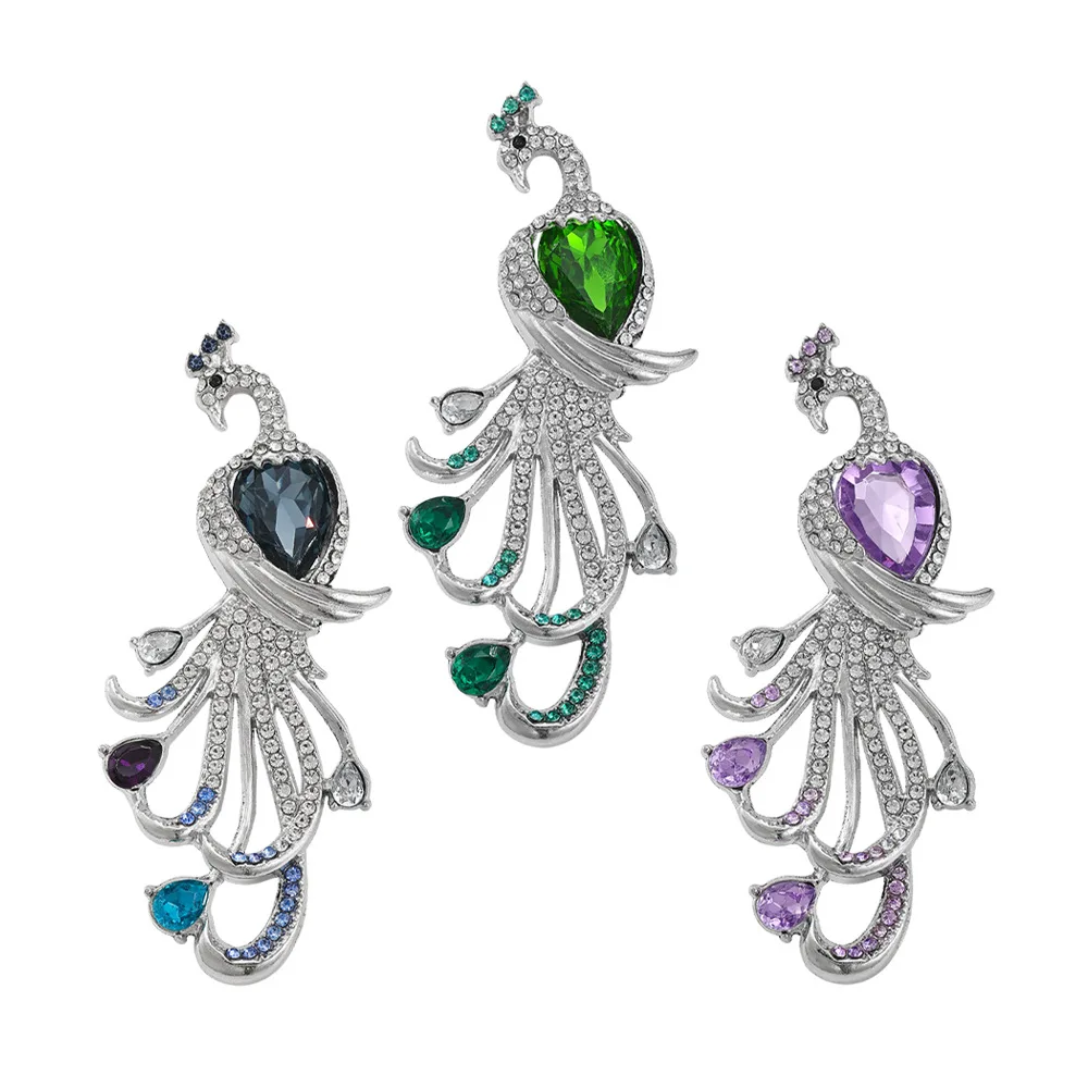 Luxury Peacock Brooch Long Tear Drop Heart Crystal Rhinestone Lapel Pin Elegant Bird Badge Wedding Dress Shawl Women Coat Decor