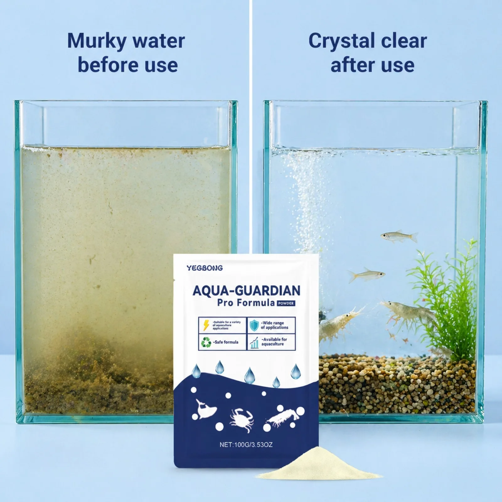 Polvo Clarificador de Agua Aqua-Guardian 100g, Aclara Rápidamente el Agua Turbia para Acuarios de Agua Dulce y Salada, Peces, Camarones, Cangrejos, Acuicultura