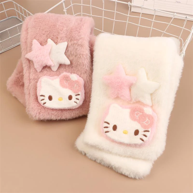 Cartoon Sanrio Cute Hello Kitty Plush Cross Scarf KT Cat Neck Scarf Winter Warmer Cold Proof Stuff Women Soft Scarf Girly Gifts