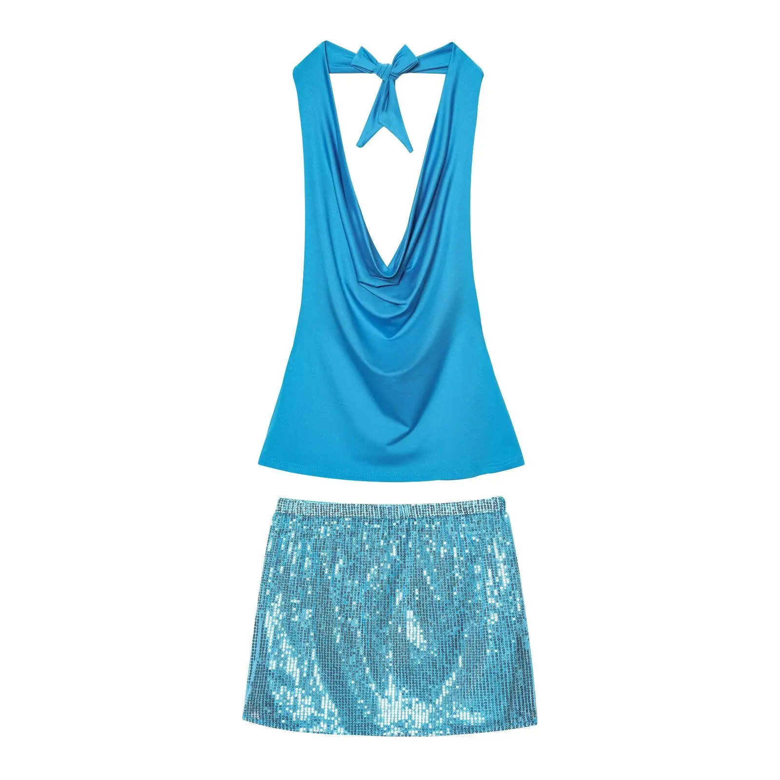 

BM&MD&ZA Womens Cowl Neck Sleeveless Off - Shoulder Halter Tie - Back Top and Sequin Mini Skirt Y2K Outfit Set